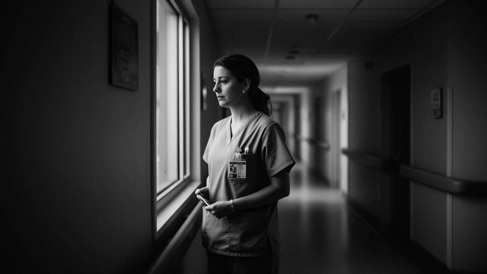 A nurse stands quietly by a window in a dim hospital hallway